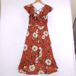 B.O.G Collective Dress S Floral‎ High Low Button Front Rust Bohemian Ruffle Maxi